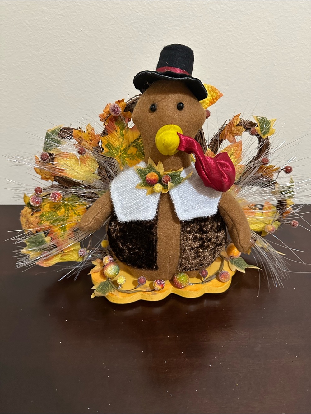 Plush Brown Thanksgiving Turkey Table Accent with Red Scarf